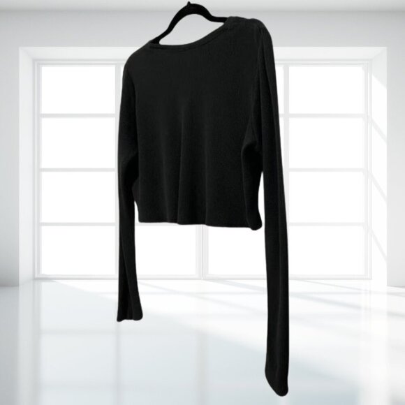 Urban Outfitters Black Waffle Knit Distressed Crop Top Raw Hem Pocket Grunge - Picture 4 of 9